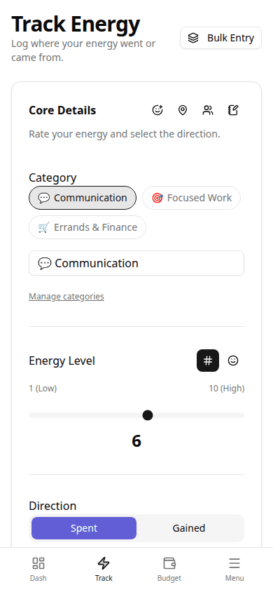 Bounded Self energy tracking form on mobile showing category selection and energy slider