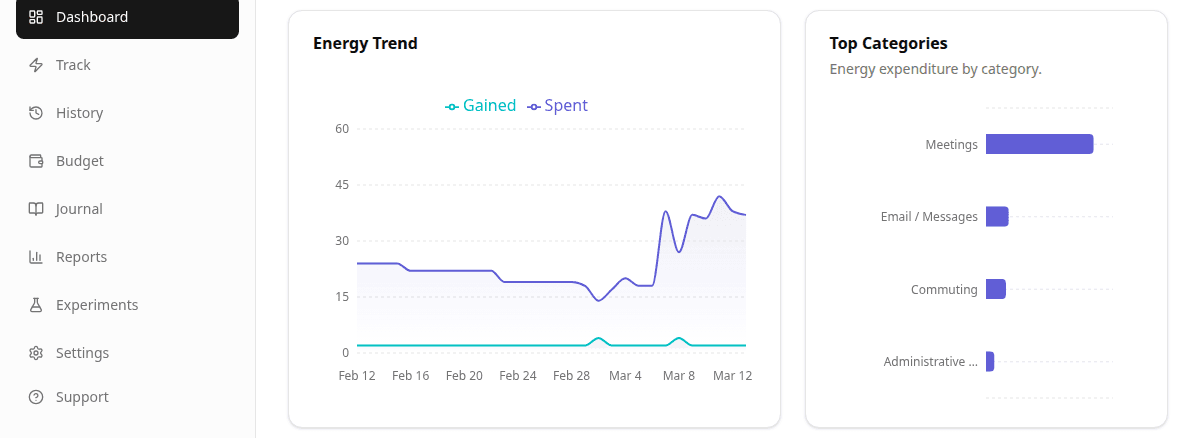 Bounded Self 30-day energy trend chart and top categories breakdown