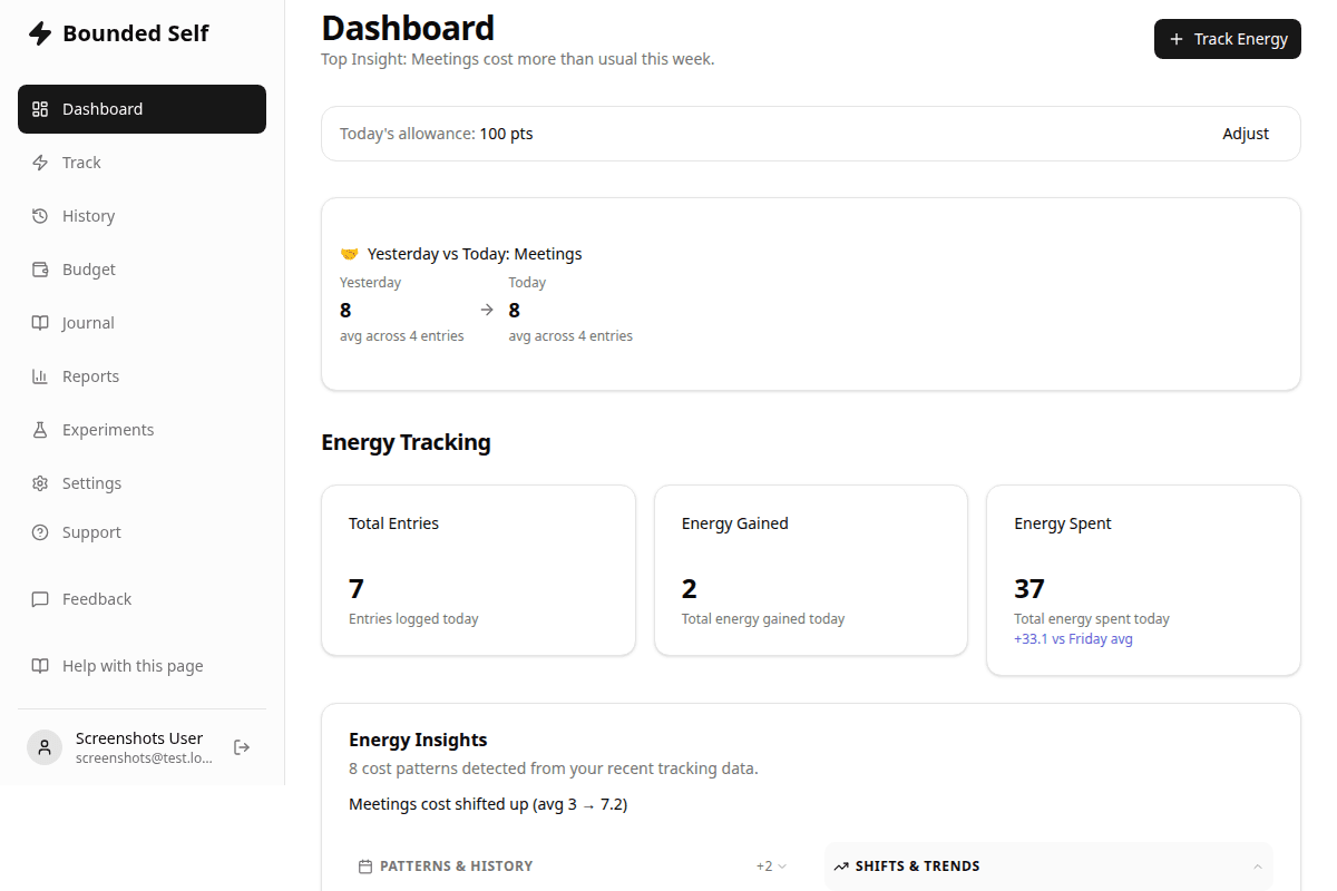 Bounded Self dashboard showing energy insights, cost shifts, and budget spending