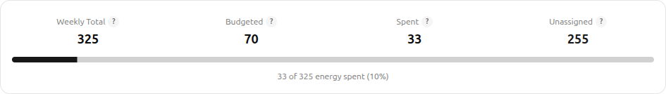 Budget summary showing weekly total, budgeted, spent, and unassigned energy