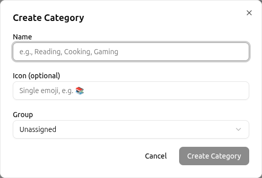 Create Category dialog with name, icon, and group fields