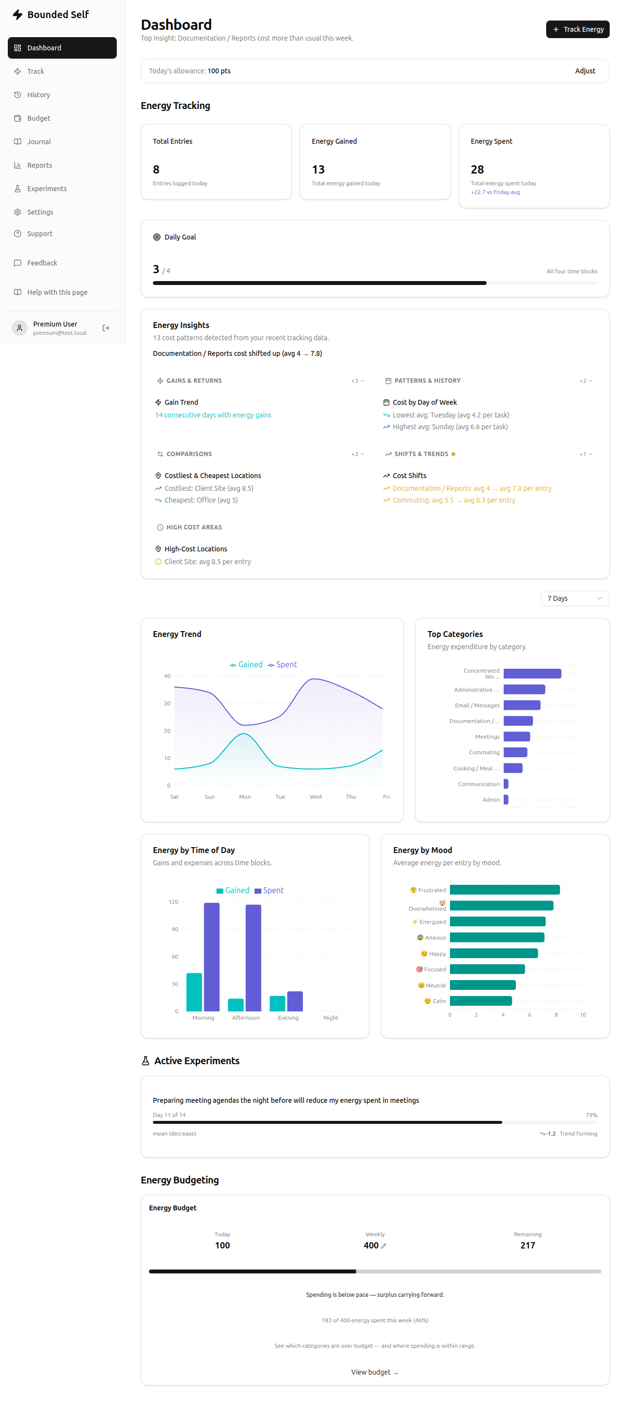 Bounded Self dashboard showing energy stats, insights, charts, and today's entries