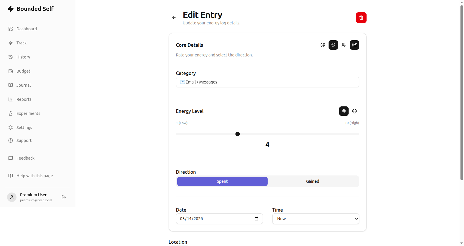 Edit Entry page with form fields and delete button