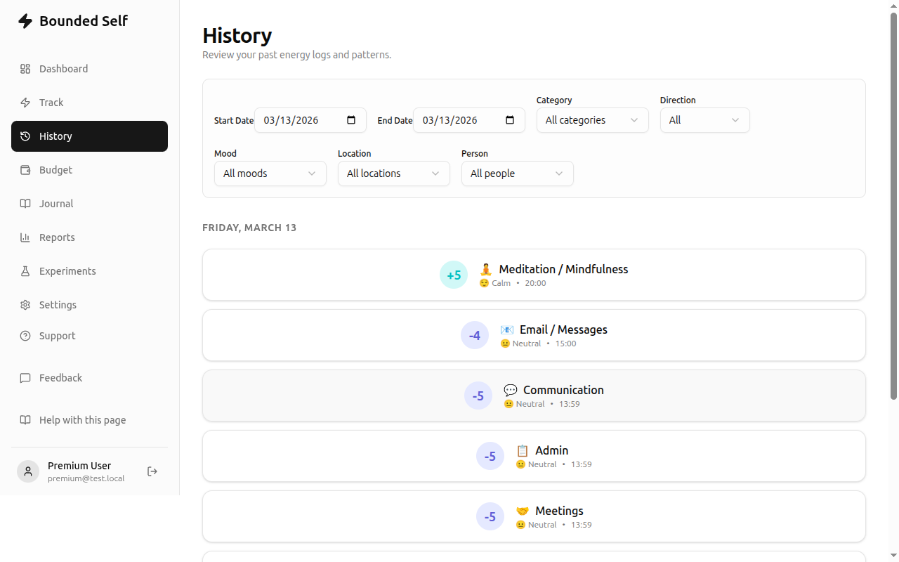 History page showing energy entries grouped by date with filters