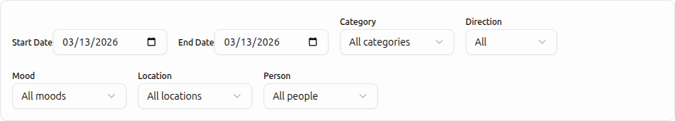 History filter bar with date range, category, direction, and mood filters