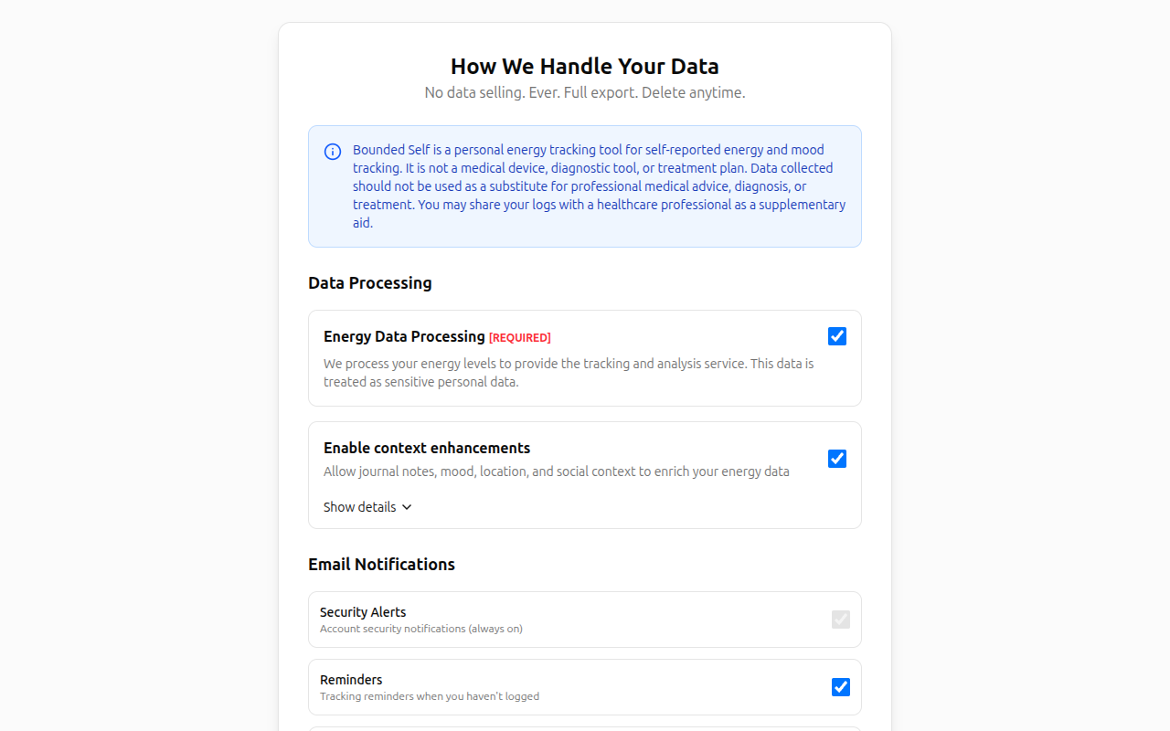 Privacy consent page with data processing toggles, email preferences, and terms acceptance