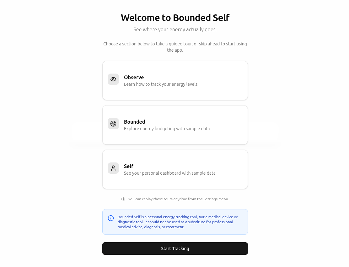 Welcome page with three tour options: Observe, Bounded, and Self