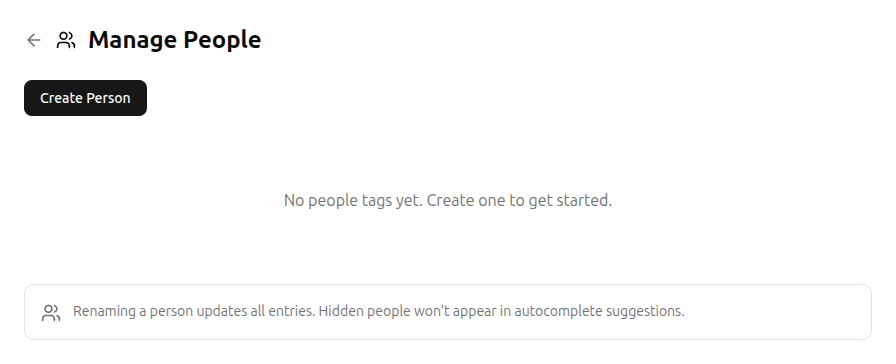 Manage People page with create button and info notice